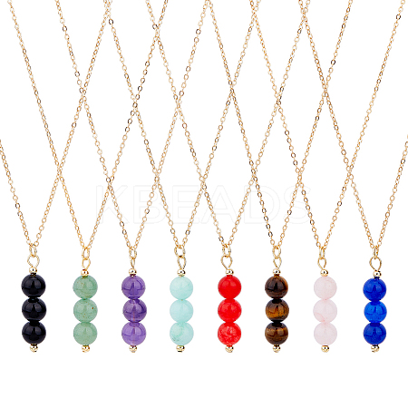 8Pcs 8 Style Natural Mixed Gemstone Round Beaded Pendant Necklaces Set with Iron Cable Chains NJEW-AB00025-1