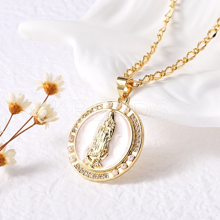 Flat Round with Virgin Mary Brass Micro Pave Cubic Zirconia Pendant Necklaces NJEW-S385-03A-G-1