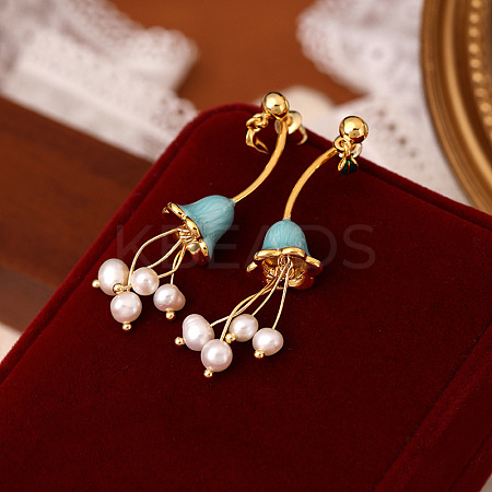 Flower Brass Enamel Dangle Stud Earrings EJEW-K308-07G-1