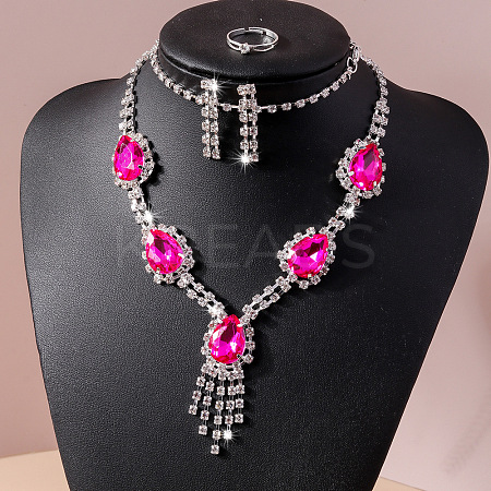 Teardrop Alloy Rhinestone Bracelets & Earrings & Necklaces & Rings Sets for Women FS-WG7FCB3-03-1