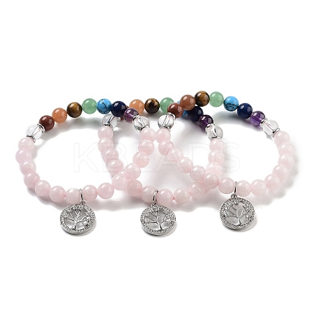 Natural Rose Quartz Round Beaded Chakra Stretch Bracelets BJEW-K251-01G-1