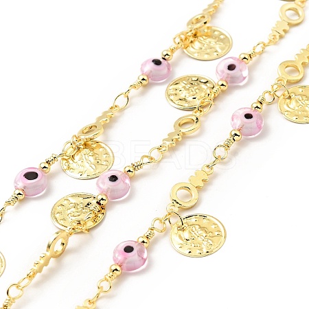 Glass Flat Round with Enamel Evil Eye Beaded Chains CHC-G017-23G-04-1
