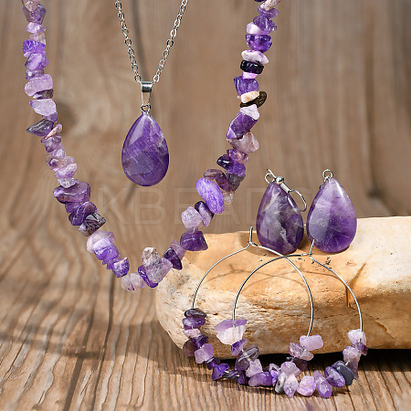 Bohemian Style Natural Amethyst Teardrop Pendant Necklaces & Chip Beaded Necklaces & Hoop Earrings & Dangle Earrings Sets WG11994-01-1