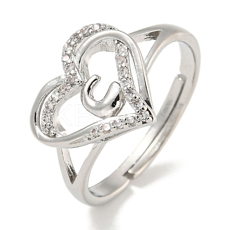 Heart with Letter Rack Plating Brass Micro Pave Clear Cubic Zirconia Adjustable Rings for Women RJEW-I105-01P-C-1