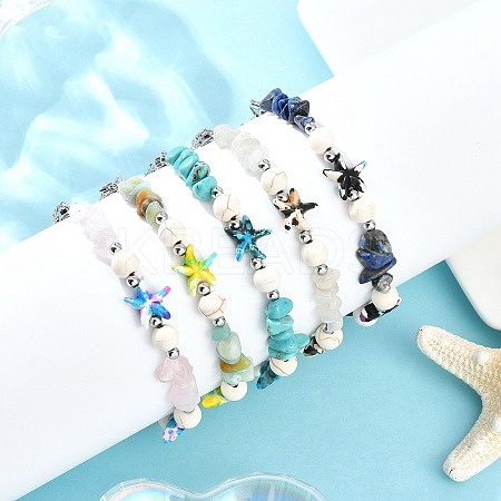 5Pcs 5 Styles Dyed Synthetic Turquoise Starfish & Natural White Moonstone & Lapis Lazuli & Flower Amazonite & Rose Quartz Chip Beaded Anklets with 304 Stainless Steel End Chains AJEW-AN00733-1