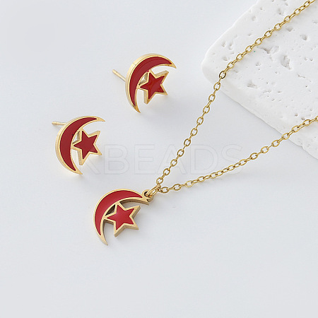 304 Stainless Steel Enamel Moon Star Pendant Necklace & Stud Earrings Set for Women FZ5218-6-1