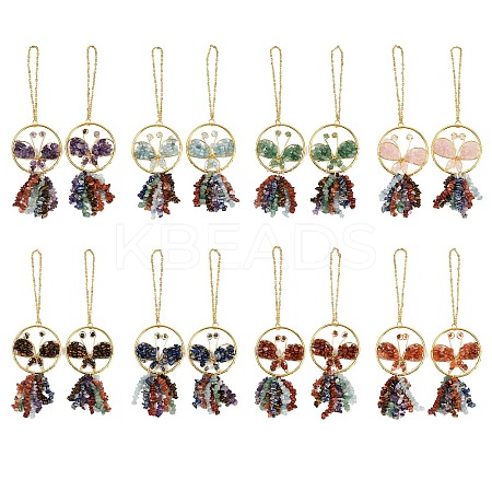 Butterfly Brass & Natural Mixed Stone Pendant Decorations HJEW-Z007-04G-1