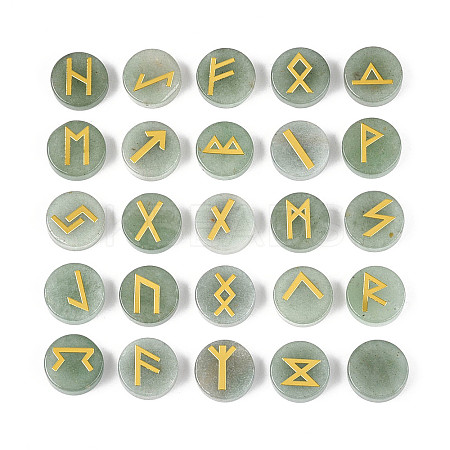 Brass Elder Futhark Alphabet Engraved Symbol Flat Round Natural Green Aventurine Rune Stones G-I373-01I-1