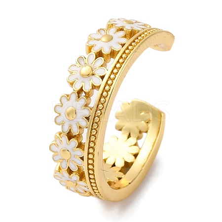 Rack Plating Flower Brass Enamel Open Cuff Rings for Women LS-RJEW-S242-09G-B-1
