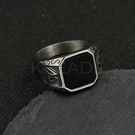 304 Stainless Steel with Natural Black Agate Finger Rings FS-WG06E27-22-1