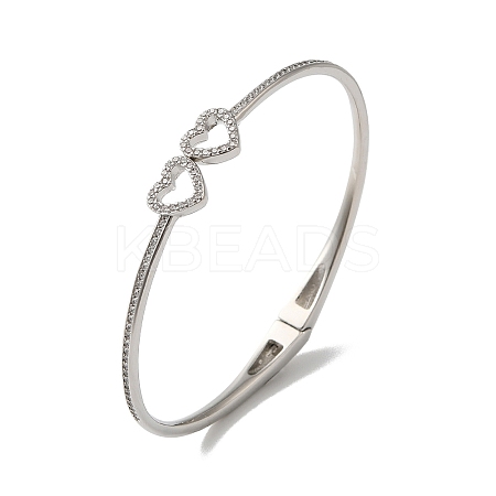 Rack Plating Brass Micro Pave Clear Cubic Zirconia Hollow Double Heart Hinged Bangles BJEW-H616-02P-1