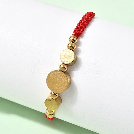 Adjustable 304 Stainless Steel Flat Round with Saint Benedict Braided Bead Bracelets for Women BJEW-K295-03G-01-1