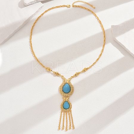 Fashionable Vintage Brass & Resin Imitation Gemstone Tassel Teardrop Pendant Necklaces for Women FQ7725-3-1